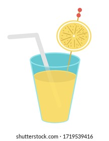 Vector summer cocktail with straw. Yellow lemonade illustration isolated on white background. Cute beach drink with lemon slice