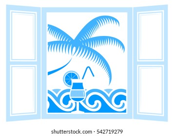 vector summer cocktail in the window and waves and palm tree outside the window isolated on white background
