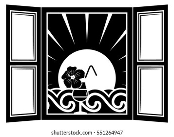vector summer cocktail in the window and waves and sun outside the window isolated on white background