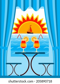 vector summer cocktails, floating sailboat and sunset over the sea outside the window