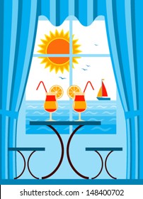 vector summer cocktails and sailboat floating on the sea outside the window