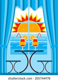 vector summer cocktails and sunset over the sea outside the window