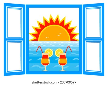 vector summer cocktails in the window and sunset over the sea