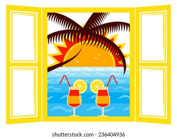 vector summer cocktails in the window and sunset over the sea