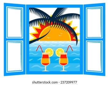 vector summer cocktails in the window and sunset over the sea