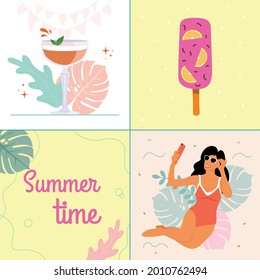 Vector summer collage for vacation and travel on which there is ice cream, brandy, a girl takes a selfie, the inscription is summer.