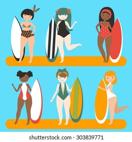 Vector summer collection of beautiful different fat surfer girl in swimsuit with surfboard