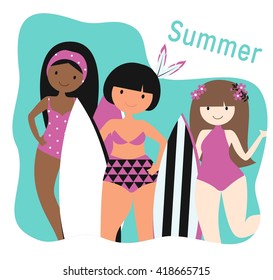 Vector summer collection of beautiful different fat surfer girl in swimsuit with surfboard