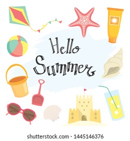 vector summer collection. Vector cartoon card with summer symbols: starfish, ball, sand castle, sunglasses, kite, sunscreen, lemonade, shell, flip flops, bucket, paddle. Hello summer lettering