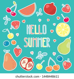 vector summer collection. Vector cartoon card with summer symbols fruit and berries: strawberry, cherry, lemon slice, watermelon, pear, pomegranate, blueberry, leaves and branches