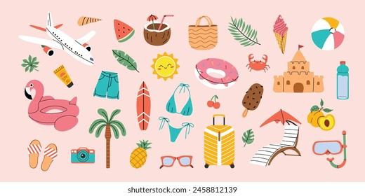 Vector Summer collection. Ice cream, swimming lap, fruits, swimsuit, ball, leaves, sand castle, seashells. Set of summer elements for scrapbooking. Hand drawn style. Summer poster, banner. 