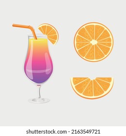 Kollektion für Vektorsommer. Einziger Cocktail, orangefarbene Scheiben. Farbige Flachgrafik.