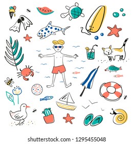 Vector summer collection of pictures depicting a boy and his see things, birds and animals.