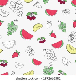 Vector summer colorful fruits doodle background pattern