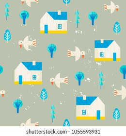 Vector summer colorful illustration, travelling, holidays. Houses, trees, village, birds seamless pattern