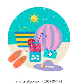 Vector summer colorful illustration, travelling, holidays. Set of beach holidays, sea shore objects. Hat, ball, camera, bag, cocktail, sun