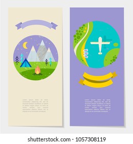 Vector summer colorful illustration, travelling, holidays. Sewt of banners, cards, flyers with ribbon and text template. Hiking and plane flying