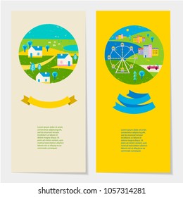 Vector summer colorful illustration, travelling, holidays. Set of banners, cards, flyers with ribbon and text template. Village and city view