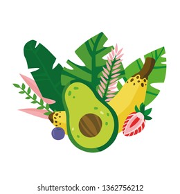 Vector summer colorful illustration with tropical fruits and leaves on a white background. Banana, avocado, strawberry and blueberries. 