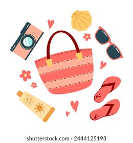 Vector summer composition with beach bag, sunglasses, seashell, flip-flops, camera and sunscreen