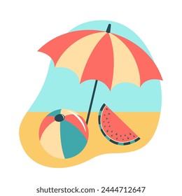 Vector summer composition with beach ball, parasol and watermelon