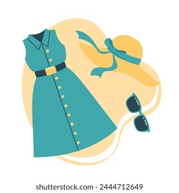 Vector summer composition with dress, hat and sunglasses