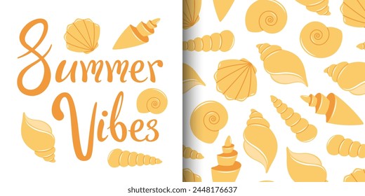 Vector summer composition and pattern with seashells and lettering