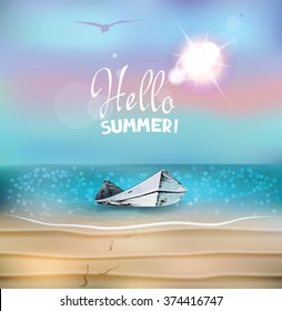 Vector summer composition with wooden boat and sea landscape