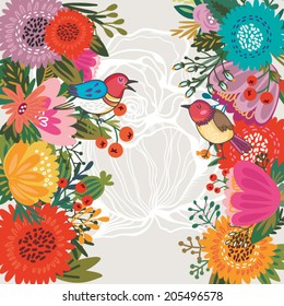 Vector summer concept card in bright colors. Stylish vector background of vintage birds and colorful flowers.