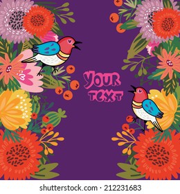 Vector summer concept card in bright colors. Stylish vector background of vintage birds and colorful flowers.