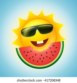 Vector summer concept illustration. Cartoon sun character and watermelon slice.