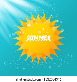 vector summer creative label with shining oarnge sun isolated on azure sky background with lights. Summer sun Logo design for banner, poster, flyer, cover, brochure