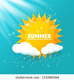 vector summer creative label with shining oarnge sun isolated on azure sky background with lights. Summer sun Logo design for banner, poster, flyer, cover, brochure