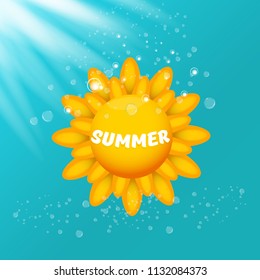vector summer creative label with shining oarnge sun isolated on azure sky background with lights. Summer sun Logo design for banner, poster, flyer, cover, brochure