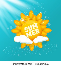 vector summer creative label with shining oarnge sun isolated on azure sky background with lights. Summer sun Logo design for banner, poster, flyer, cover, brochure