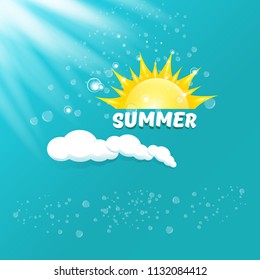 vector summer creative label with shining oarnge sun isolated on azure sky background with lights. Summer sun Logo design for banner, poster, flyer, cover, brochure