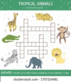 Vector summer crossword puzzle for kids. Simple quiz with tropical animals for children. Educational jungle activity with cute funny characters
