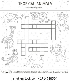 Vector summer crossword puzzle. Simple quiz with tropical animals for children. Educational black and white jungle activity with cute funny characters. Fun coloring page for kids