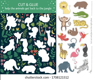 Vector summer cut and glue activity for children. Tropical educational crafting game with cute animal characters. Help the animals get back to the jungle.
