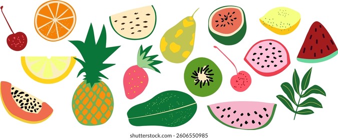 Vector summer cute exotic tropical fruits in flat design.Healthy sweet food. 
