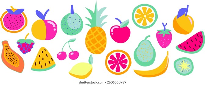 Vector summer cute exotic tropical fruits in flat design.Healthy sweet food. 
