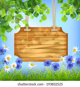 Vector summer day natural background with wooden sign board hanging on a rope, blue sky, tree branches, green leaves, grass, field flowers (daisy, cornflower)
