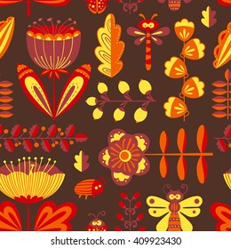 Vector summer decorative floral seamless pattern with bugs and dragonfly in cartoon style