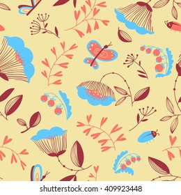 Vector summer decorative floral seamless pattern with bugs and butterfly in cartoon style
