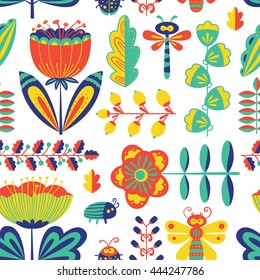 Vector summer decorative floral seamless pattern with bugs and dragonfly in cartoon style