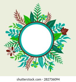 Vector Summer Decorative  round frame with painted green leaves and copy space for text - Illustration