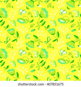 Vector summer decorative seamless background with flowers, bugs and butterfly in cartoon style
