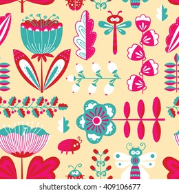 Vector summer decorative seamless background with flowers, bugs and dragonfly in cartoon style