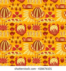 Vector summer decorative seamless background with flowers, bug and butterfly in cartoon style