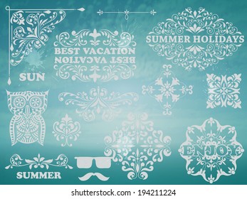 Vector Summer Design elements on Background with blue sky and sea, Vintage frames for your text, example with Chaparral Pro Bold and Cooper Std fonts, blobs with transparency effects
